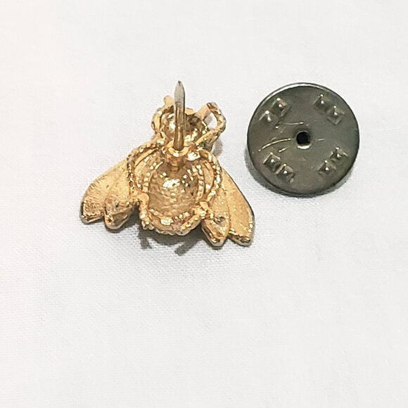 Rhinestone Bee Fly Insect Tie Tack 3/4" Metal Gold tone White Lapel Pin - Picture 5 of 6